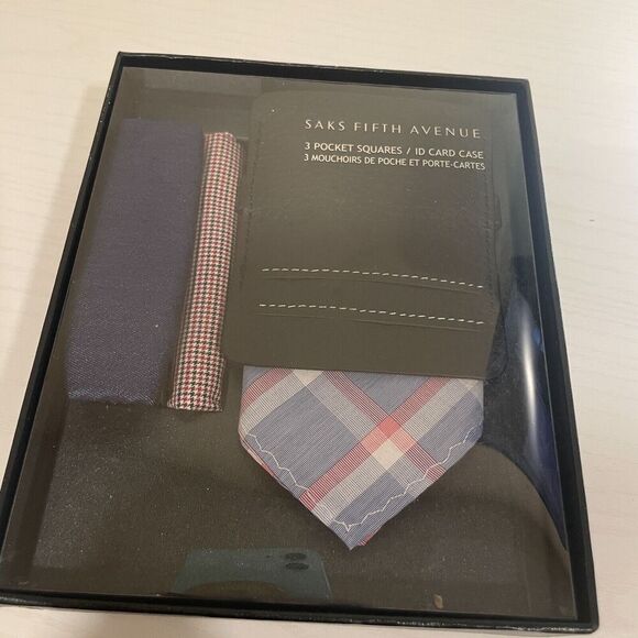 Saks Fifth Avenue Gift Set - 3 Assorted Pocket Squares and ID Card Case - New - Picture 4 of 4